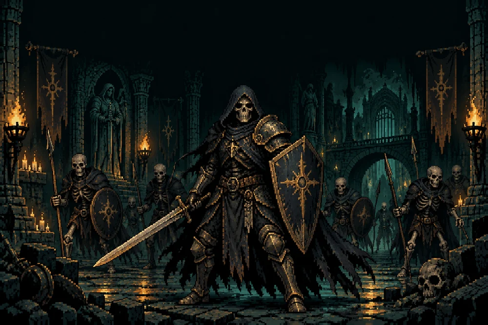 Um cavaleiro esqueleto de espada e escudo diante de seus soldados.
